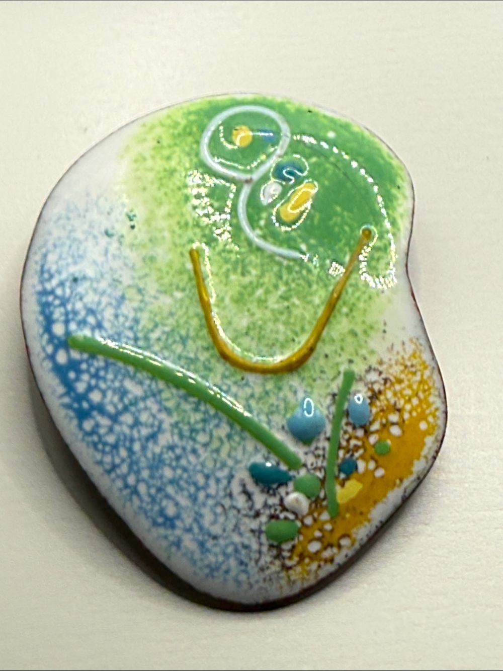 Vintage pastel Abstract Green & Blue enamel raised paint on copper pin brooch